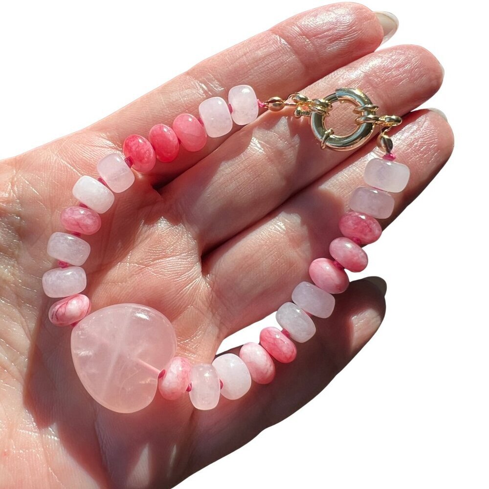 Pink Jade  Rose Quartz Heart Gemstone Bracelet Handcrafted Gold Filled Clasp